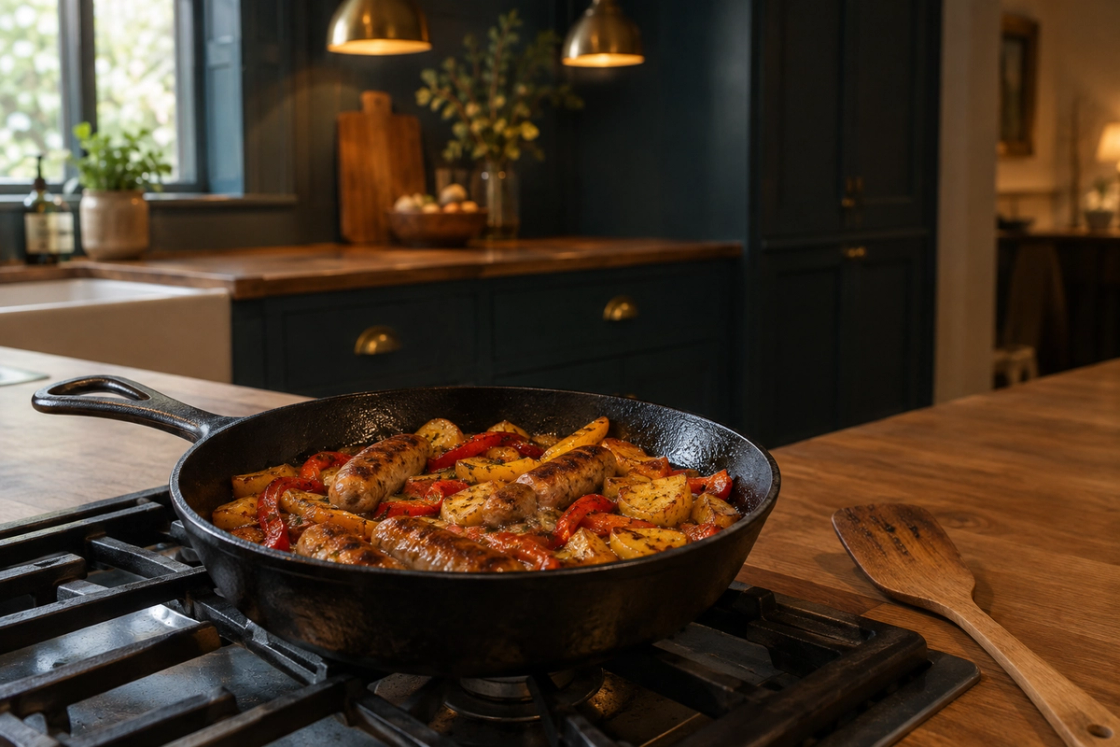 A single cast-iron frying pan on the stove holding sausages, capsicum and potato, with a wooden spatula beside it