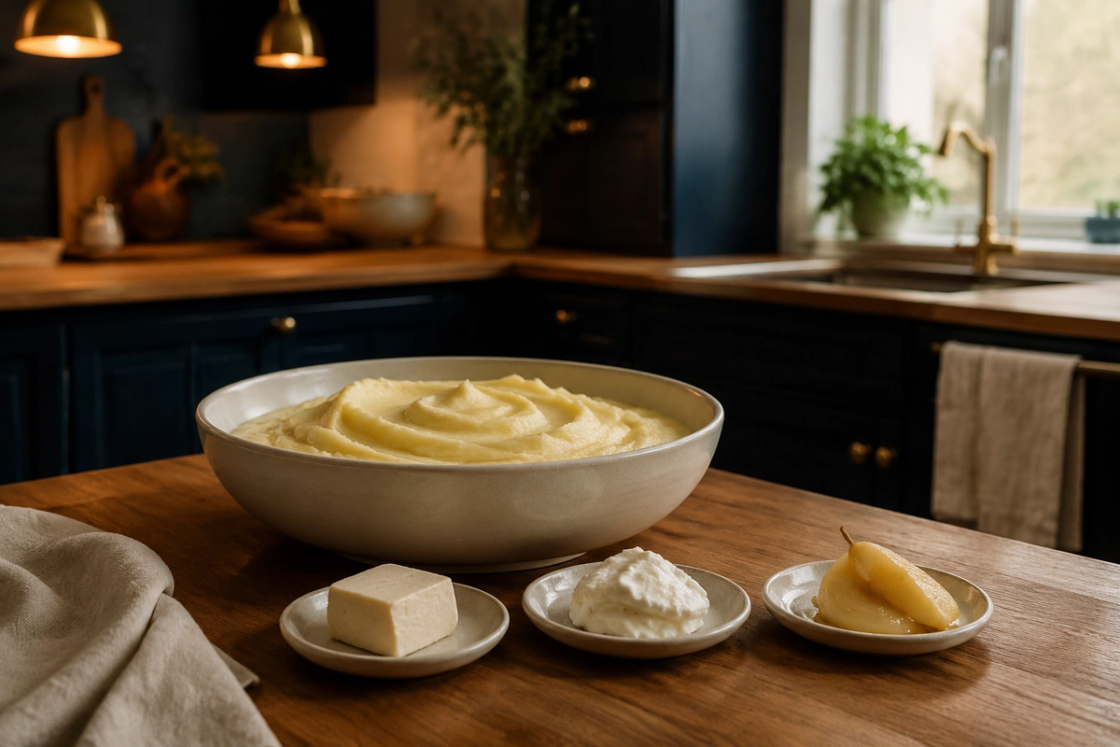 A shallow bowl of smooth mashed potato on a timber bench, with three small saucers of soft samples beside it