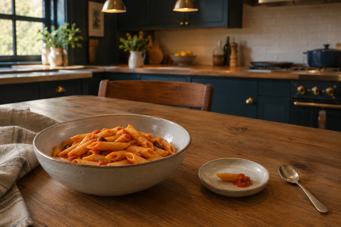 A bowl of sauced penne beside a small dish holding one pasta piece and red sauce on a timber kitchen table.