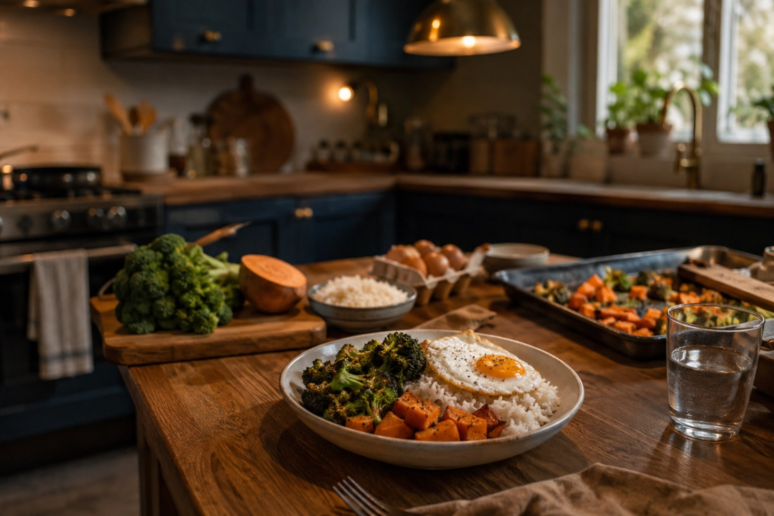 a simple plate of rice, roasted vegetables and a fried egg on a timber kitchen counter, with the same ingredients prepped again in the soft-focus background