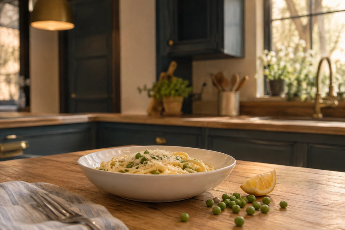 A shallow white bowl of simple pasta on a timber bench with a scatter of bright green peas and a wedge of lemon beside it