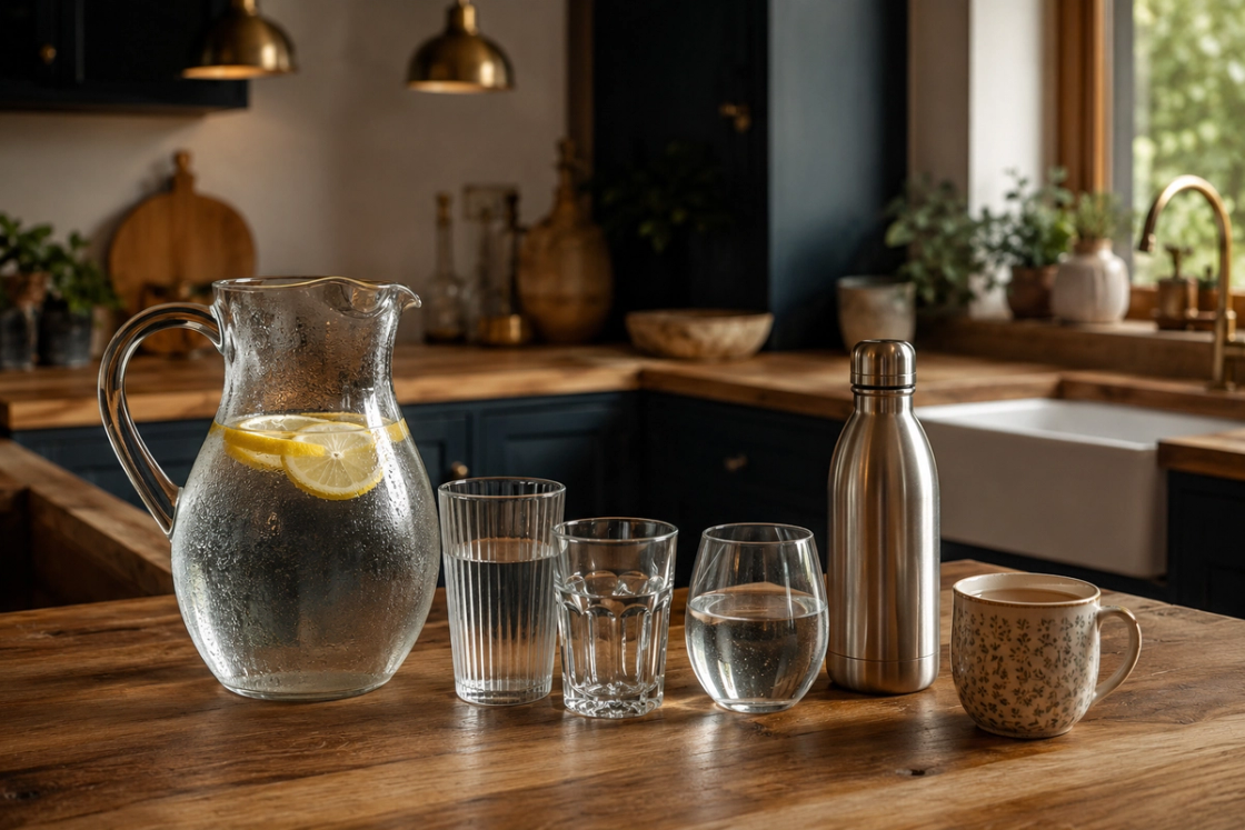 A glass jug of lemon water on a timber bench with three filled glasses and a stainless steel drink bottle lined up beside it, ready to be carried to other rooms