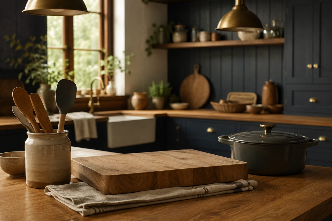 A calm kitchen bench with a wooden chopping board resting on a folded tea towel, wooden utensils in a stoneware jar, and a heavy lidded pot sitting still on timber