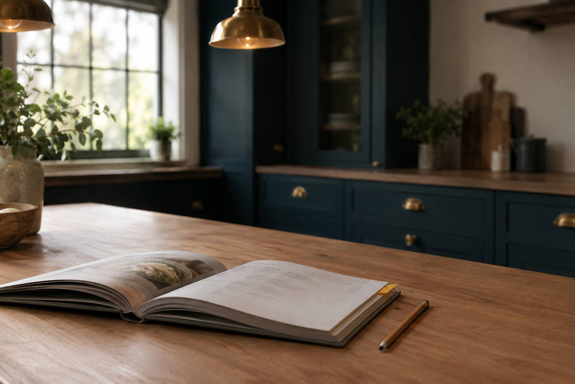 Open cookbook with a yellow tab at the page edge and a pencil beside it on a timber kitchen bench.