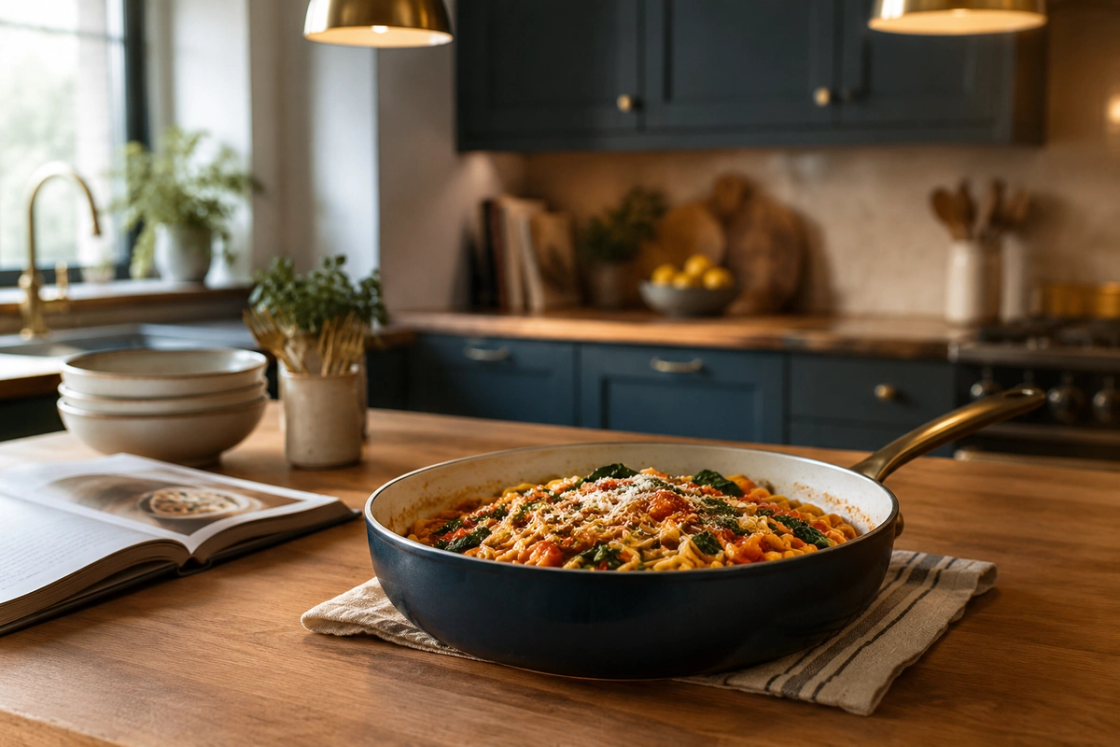 A wide pan of simple tomato pasta on a timber bench in a warm, dimly lit kitchen, with an open cookbook lying face down and unused bowls pushed to one side