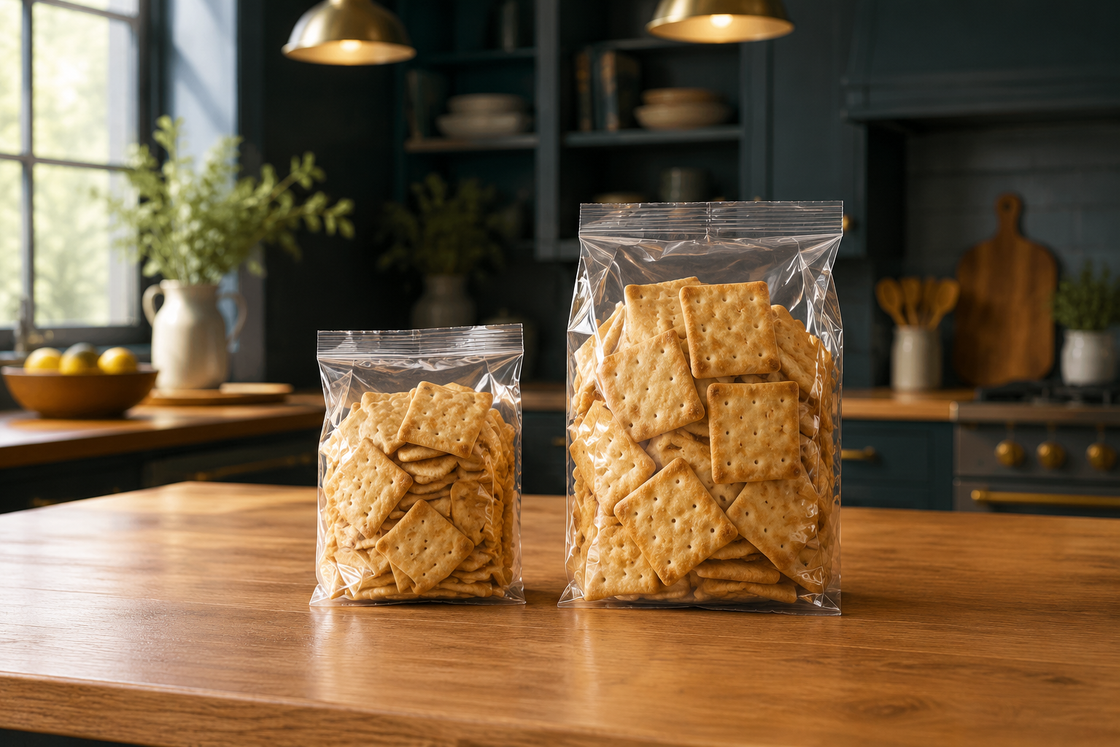 Small and large clear packets of square crackers on a timber bench in a dark teal kitchen.