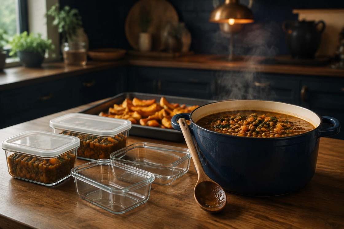 A large pot of lentil and vegetable stew on a timber bench beside glass containers, two already filled and lidded, with a tray of roasted pumpkin and carrot behind