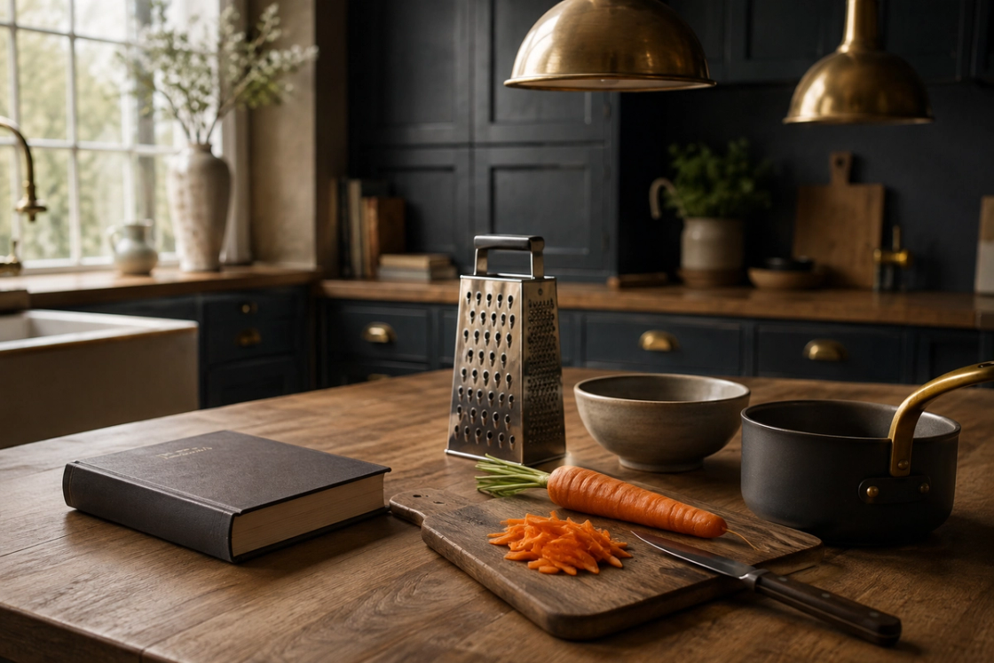 Closed book, whole and shredded carrot on a chopping board, knife, box grater, bowl and saucepan on a timber kitchen bench.