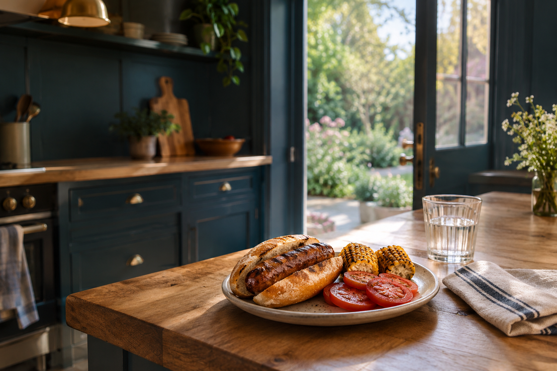 A plate with a sausage in bread, grilled corn and sliced tomato on a timber bench beside an open door to a sunny garden