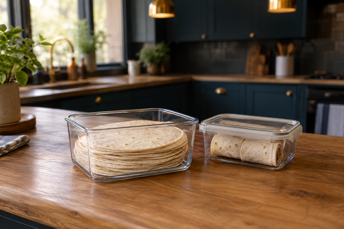 A stack of flat wraps in an open clear container beside rolled wraps in a smaller lidded container on a timber kitchen bench.
