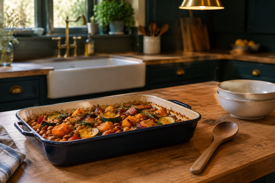 A single enamel tray of roasted vegetables and chickpeas on a timber bench, one wooden spoon beside it, with an empty sink out of focus behind