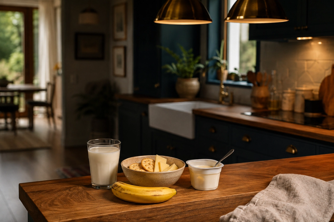 A bowl of crackers with cheese, a tub of yoghurt with a spoon in it, a banana and a glass of milk sitting ready on a timber kitchen bench