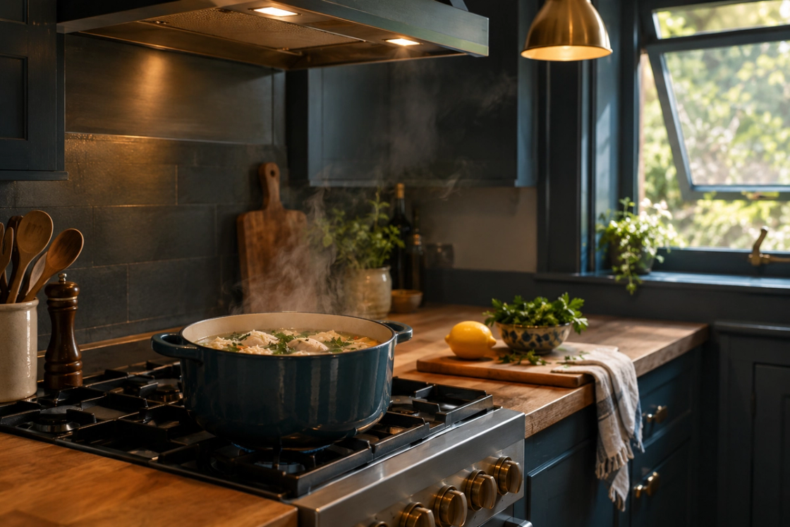 A steaming pot of poached chicken on a stovetop under a range hood, with an open window, a lemon and fresh herbs nearby