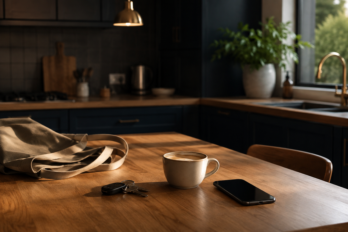 A quiet kitchen bench in morning light with a phone lying face-up beside a half-finished flat white, a set of keys and a folded tote bag