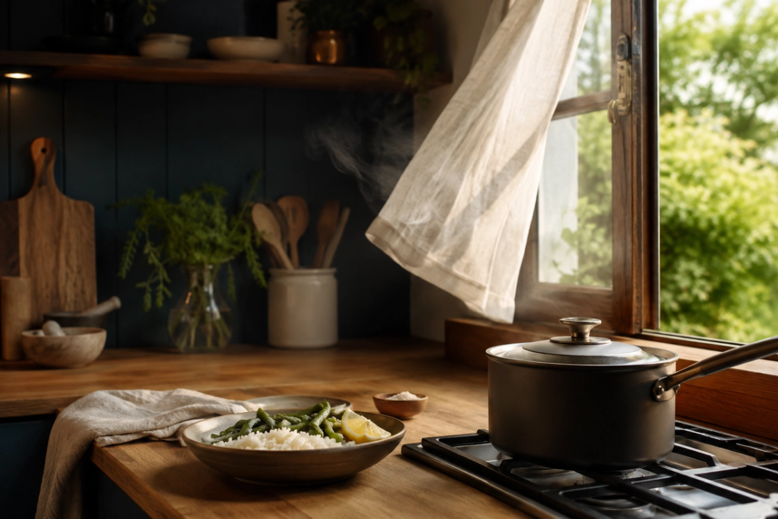 A lidded saucepan on a stovetop beside a wide-open kitchen window with a linen curtain lifting in the breeze, and a bowl of rice and green beans on the timber bench