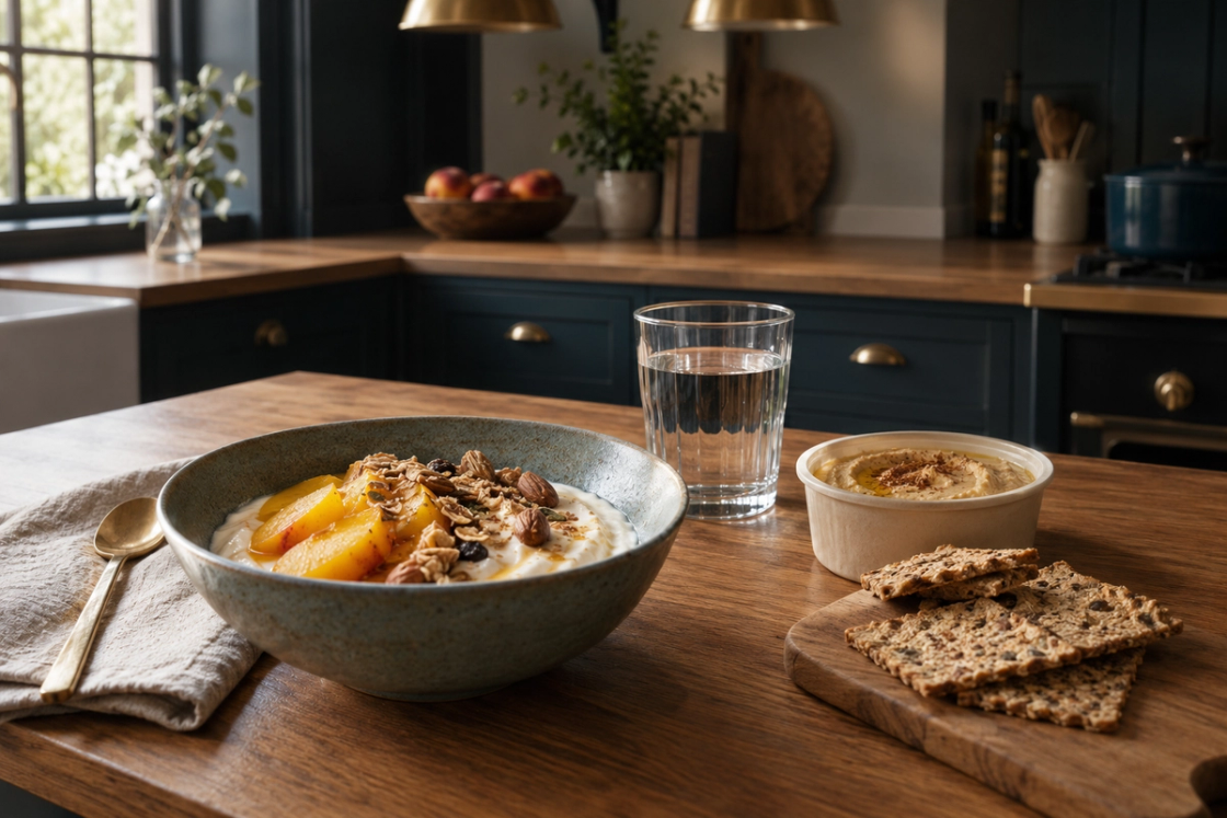 A no-cook recovery breakfast on a timber kitchen bench: a deep bowl of yoghurt with tinned peaches and muesli, a glass of water, and hummus with crackers alongside