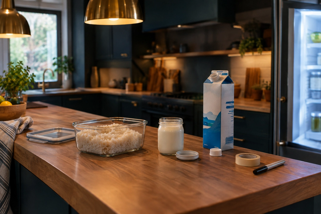 A glass container of cooked rice, a jar of yoghurt and an open carton of milk lined up on a timber bench, with masking tape and a marker beside them for dating leftovers