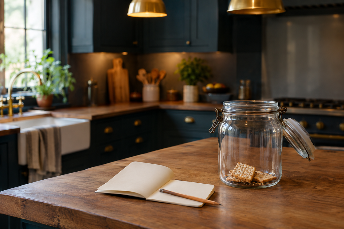 An open blank notebook and pencil beside a glass jar with a few crackers on a timber kitchen bench.