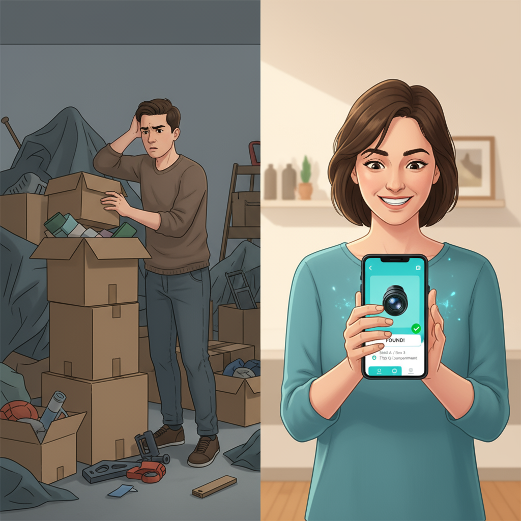 Squared Away home inventory app on smartphone showing organized storage search results with AI-powered item location tracking