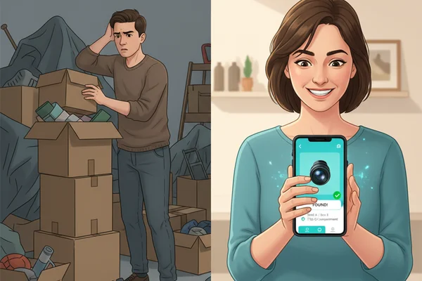 Squared Away home inventory app on smartphone showing organized storage search results with AI-powered item location tracking