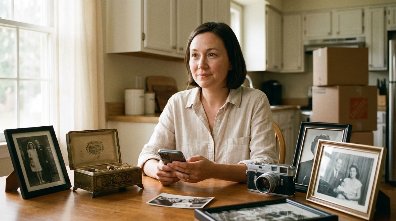 A warm, softly-lit scene showing a person sitting at a kitchen table with a phone