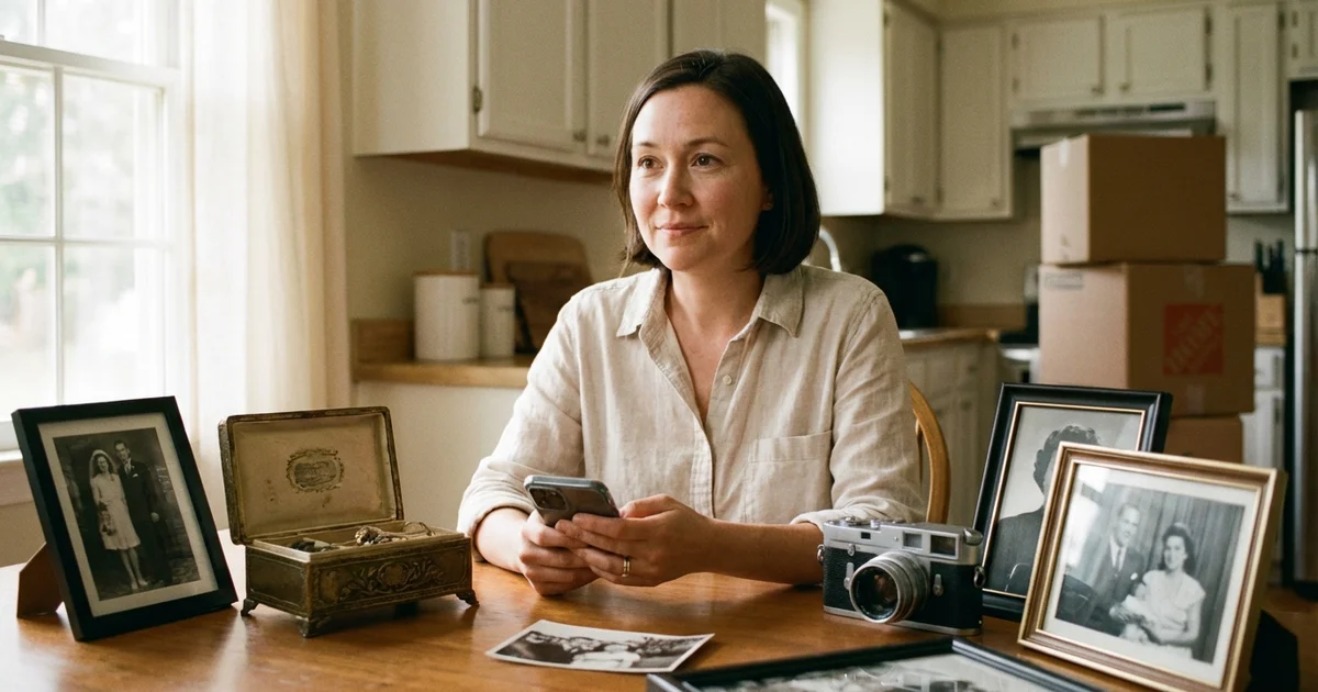 A warm, softly-lit scene showing a person sitting at a kitchen table with a phone