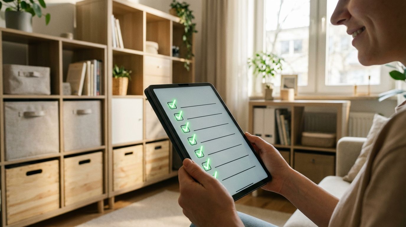 Person reviewing a home inventory checklist on a tablet, surrounded by neatly organized storage containers and household items in a bright, modern living space.
