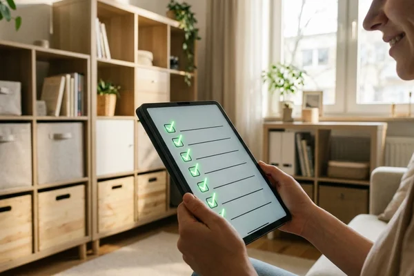 Person reviewing a home inventory checklist on a tablet, surrounded by neatly organized storage containers and household items in a bright, modern living space.