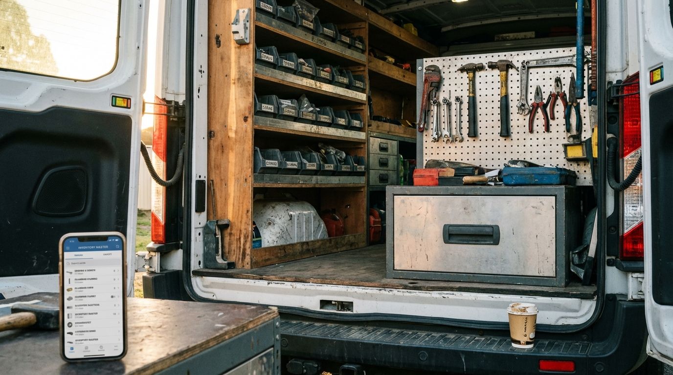 Organized tool storage inside a work van with labeled bins, pegboard tool wall, and drawer units, with a smartphone displaying an inventory app in the foreground.