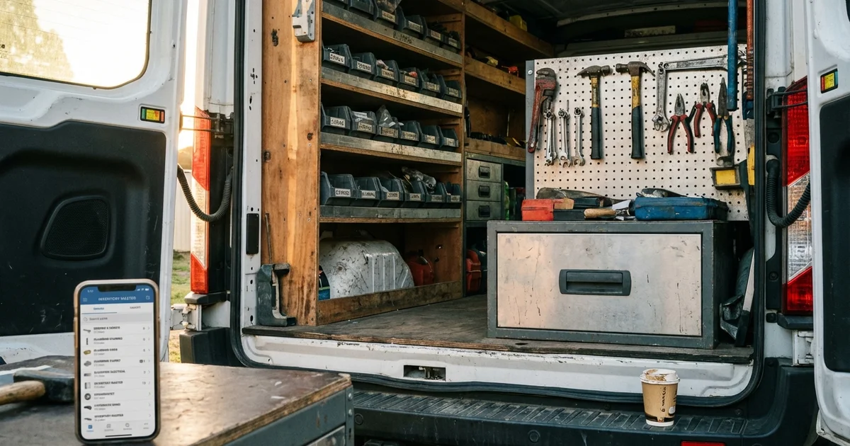 Organized tool storage inside a work van with labeled bins, pegboard tool wall, and drawer units, with a smartphone displaying an inventory app in the foreground.