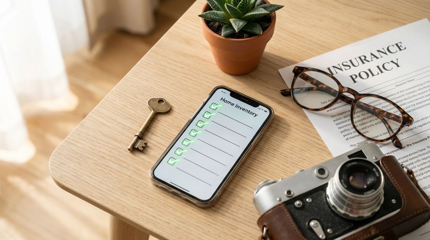 Smartphone showing a home inventory app next to an insurance document, vintage camera, house key, and succulent plant on a wooden desk — representing the connection between tracking belongings and insurance coverage.