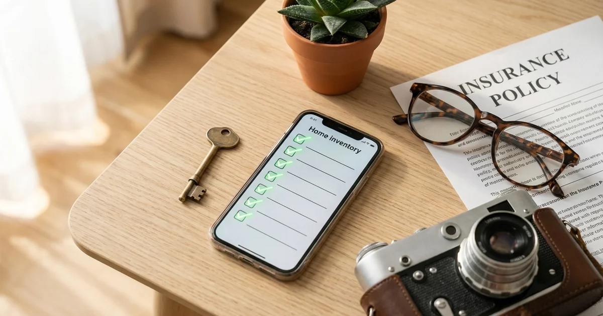 Smartphone showing a home inventory app next to an insurance document, vintage camera, house key, and succulent plant on a wooden desk — representing the connection between tracking belongings and insurance coverage.