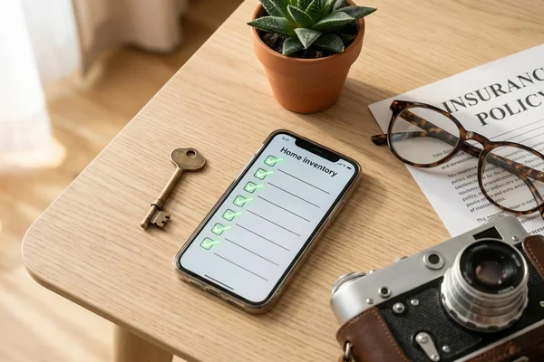 Smartphone showing a home inventory app next to an insurance document, vintage camera, house key, and succulent plant on a wooden desk — representing the connection between tracking belongings and insurance coverage.