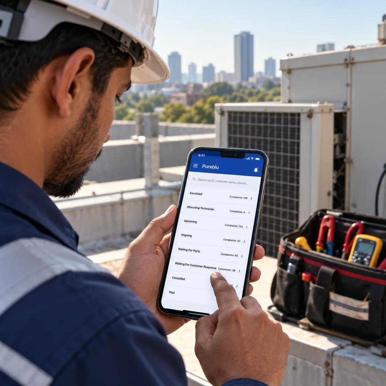 Field technician checking service requests on a mobile app next to rooftop air-conditioning equipment