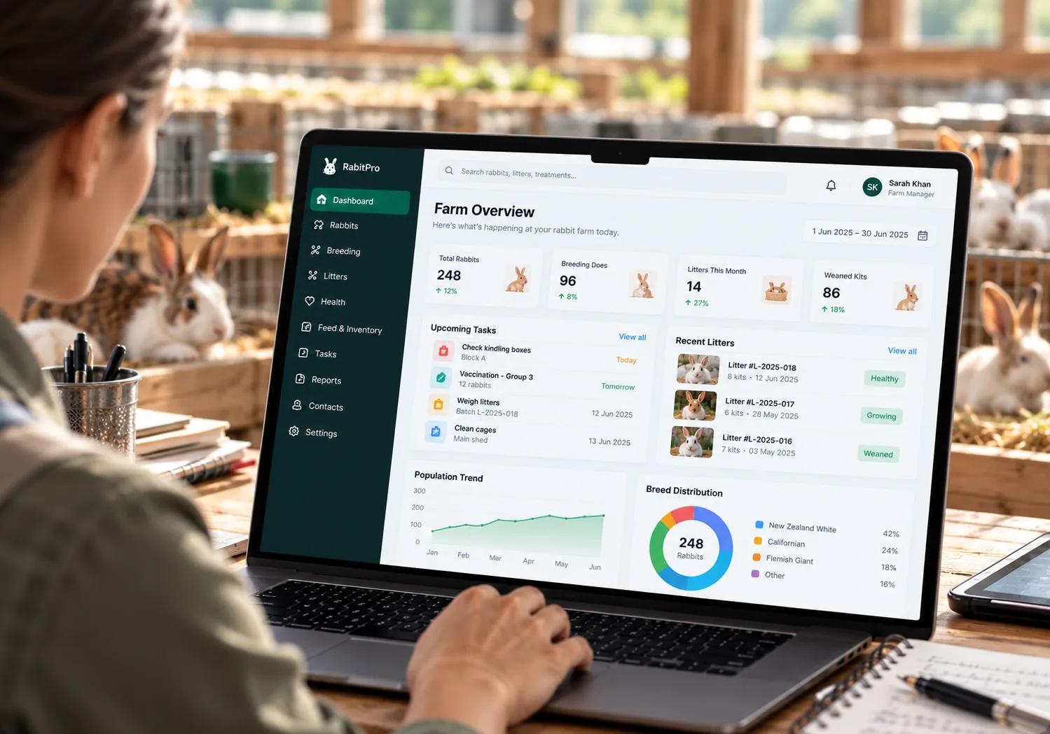 Breeder-management dashboard on a laptop
