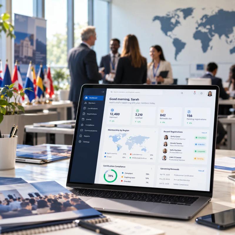 Global membership platform dashboard on a laptop with member, certification, and renewal metrics