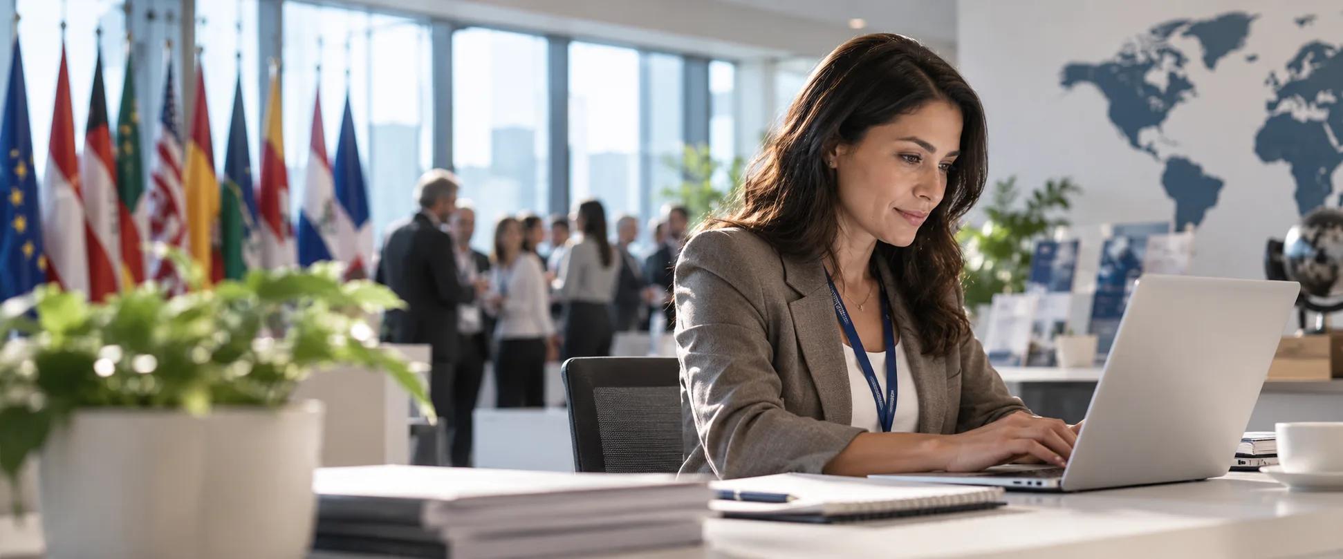 Membership professional working on a laptop in a global office with international flags and a world map behind her