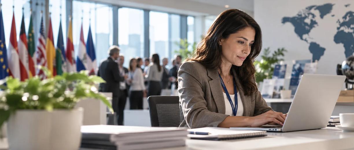 Membership professional working on a laptop in a global office with international flags and a world map behind her