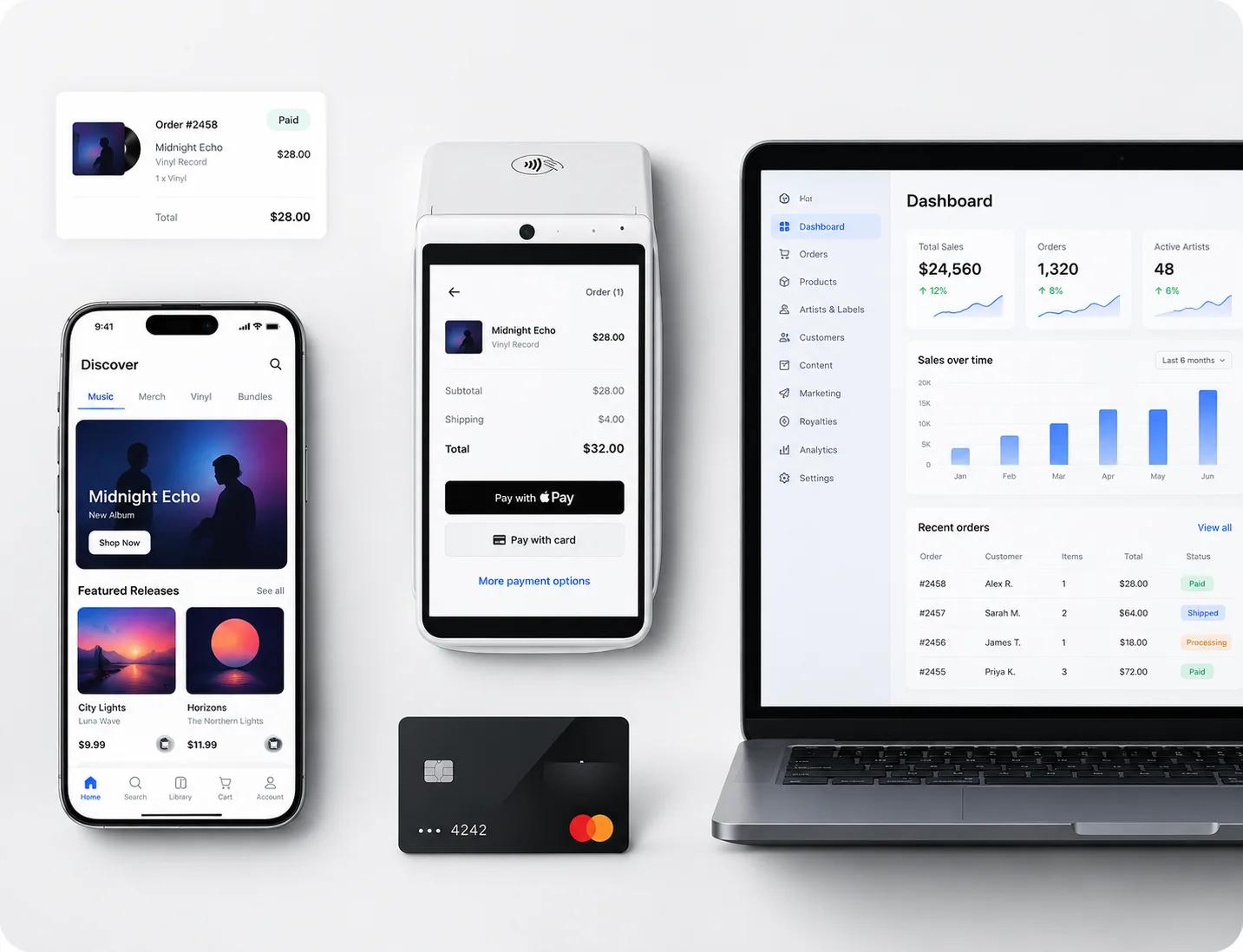The music commerce platform shown across back-office, storefront, and commerce surfaces