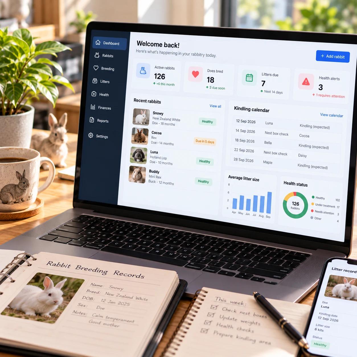 Modernized breeder-management dashboard on a laptop showing animals, breeding calendar, and health status