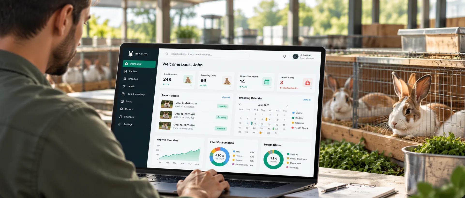 Farm manager using the modernized breeder-management platform beside a rabbit hutch