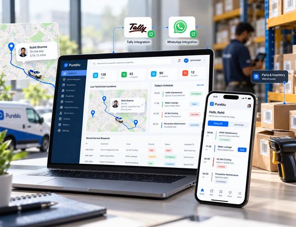 Service operations platform across laptop dashboard and technician mobile app, with Tally, WhatsApp, and parts and inventory integrations