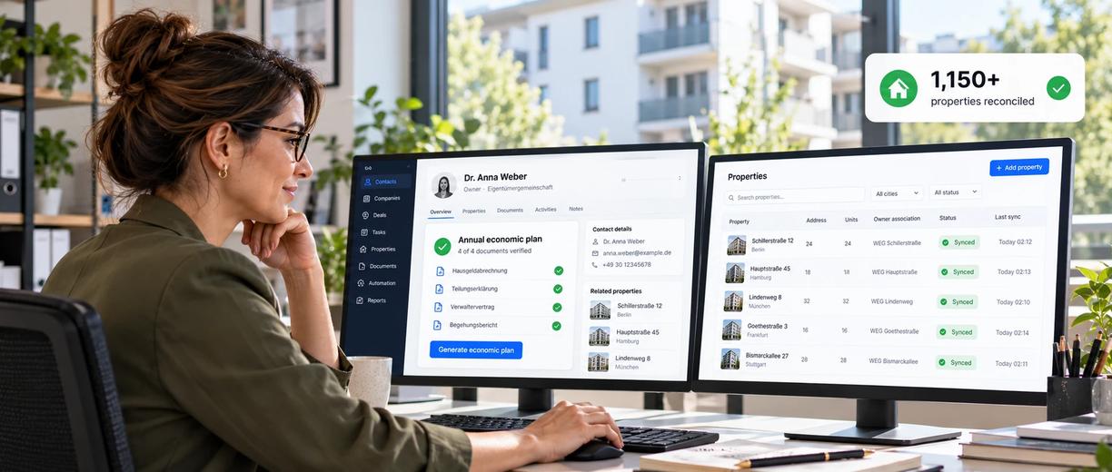 Property reconciliation dashboard connecting CRM contacts, documents and property records