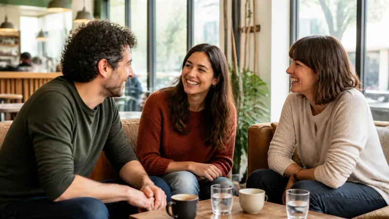 Three adults sharing a friendly conversation in an indoor lounge