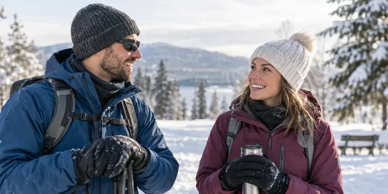 Two adults in winter sports clothing stand in the snow, with one wearing dark wraparound eyewear.