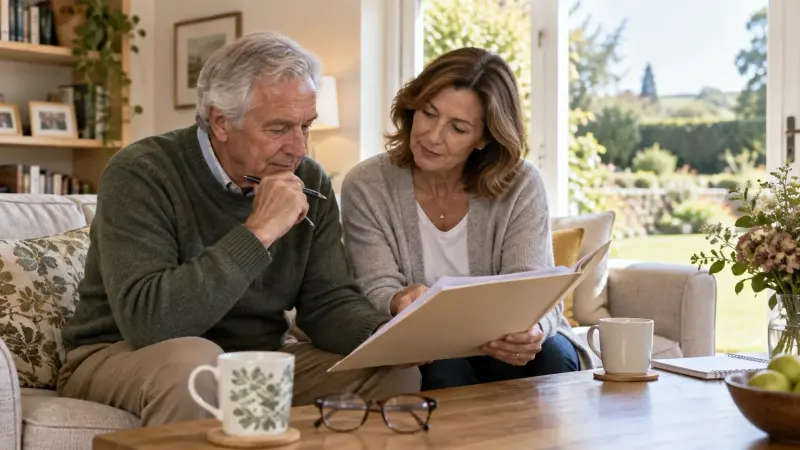 Two older adults reviewing questions about distance double vision in a bright sitting room