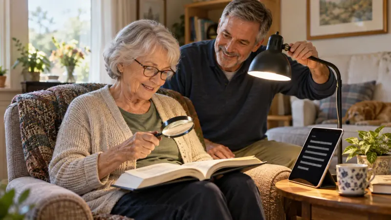 An older adult using a magnifier while a companion adjusts reading light in a home reading nook