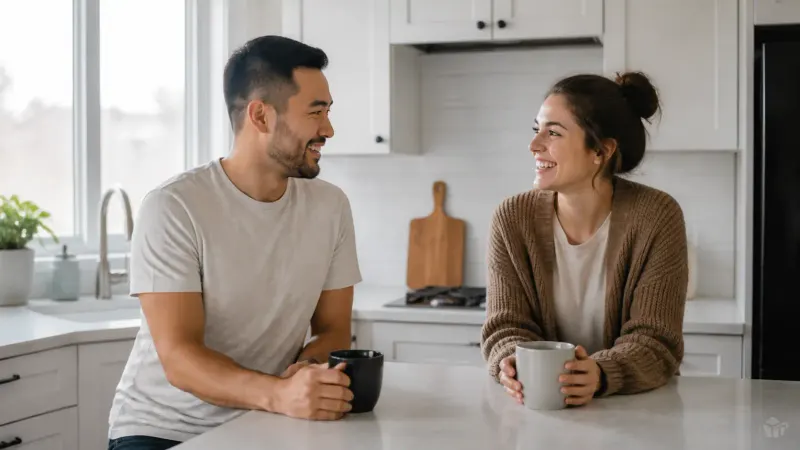 Two adults smiling and talking in a bright home kitchen