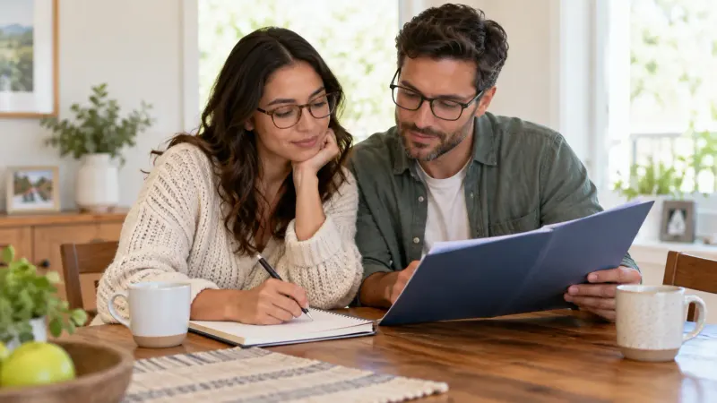 Two young adults reviewing questions about vision correction at a bright home table