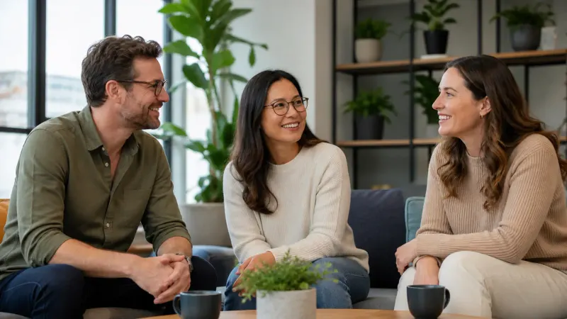 Three adults talking in a bright lounge with two wearing eyeglasses
